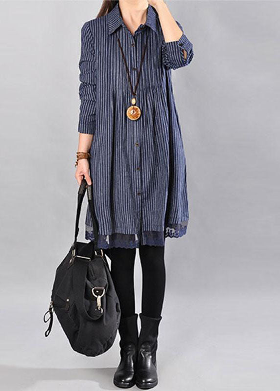 Cotton Clothes for Loose Cotton Printing Lace Hem Blue Dress
