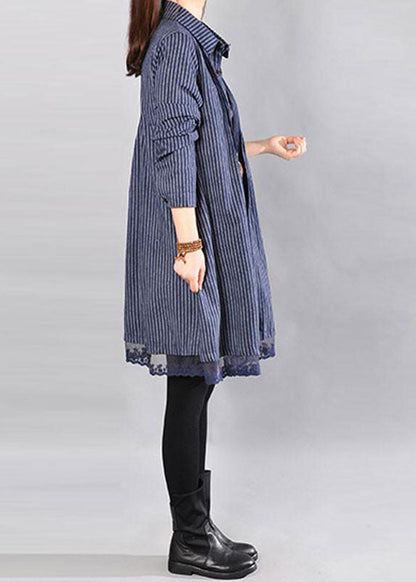 Cotton Clothes for Loose Cotton Printing Lace Hem Blue Dress