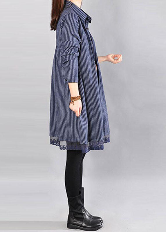 Cotton Clothes for Loose Cotton Printing Lace Hem Blue Dress