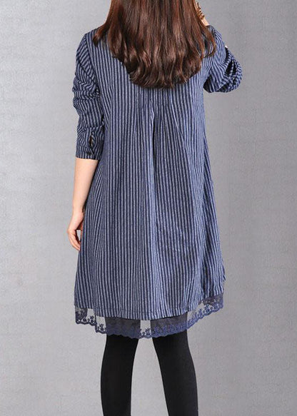 Cotton Clothes for Loose Cotton Printing Lace Hem Blue Dress