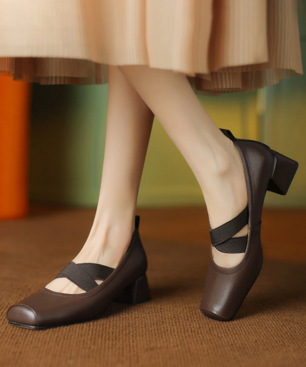 Cross Strap Splicing Chunky Loafers Brown Sheepskin