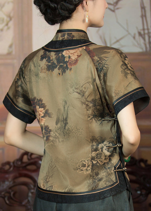 Dark Khaki Button Print Patchwork Silk Shirts Summer