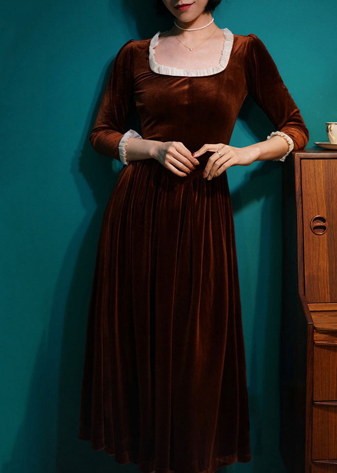 Dark Orange Square Collar Patchwork Silk Velour Long Dress Spring