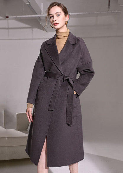 Dark Purple Peter Pan Collar Pockets Woolen Wrap Coat Winter
