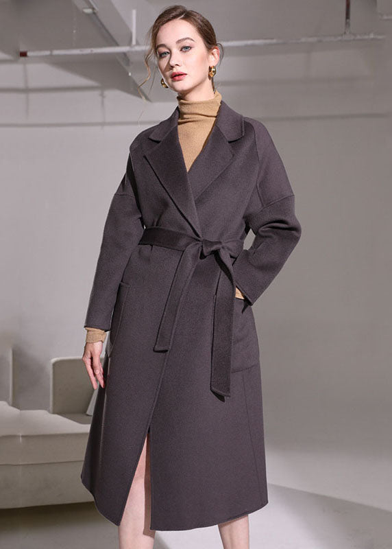 Dark Purple Peter Pan Collar Pockets Woolen Wrap Coat Winter