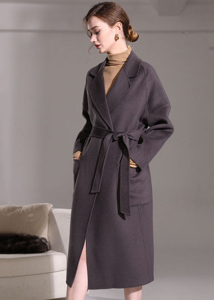 Dark Purple Peter Pan Collar Pockets Woolen Wrap Coat Winter