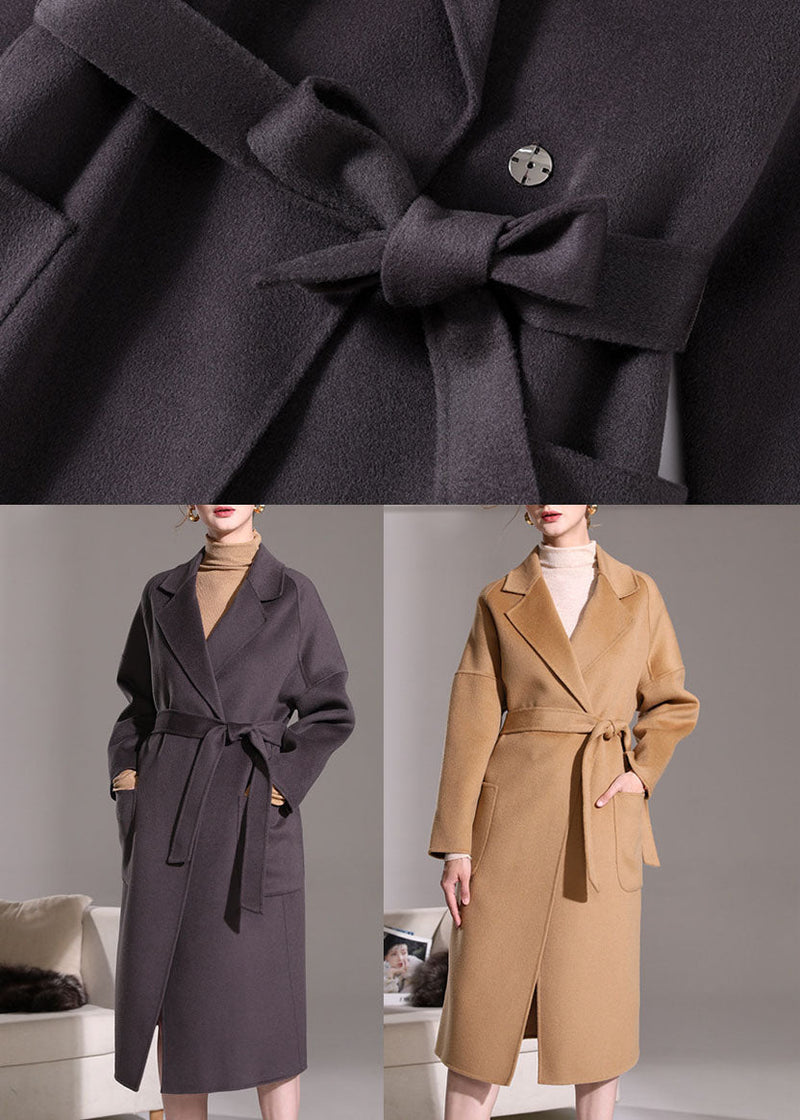 Dark Purple Peter Pan Collar Pockets Woolen Wrap Coat Winter