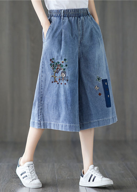 Denim Blue Elastic Waist Embroideried Cotton Wide Leg Pants Summer