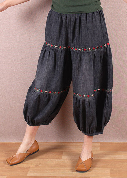 Denim Blue Elastic Waist Oriental Embroideried Patchwork Cotton Lantern Pants Summer