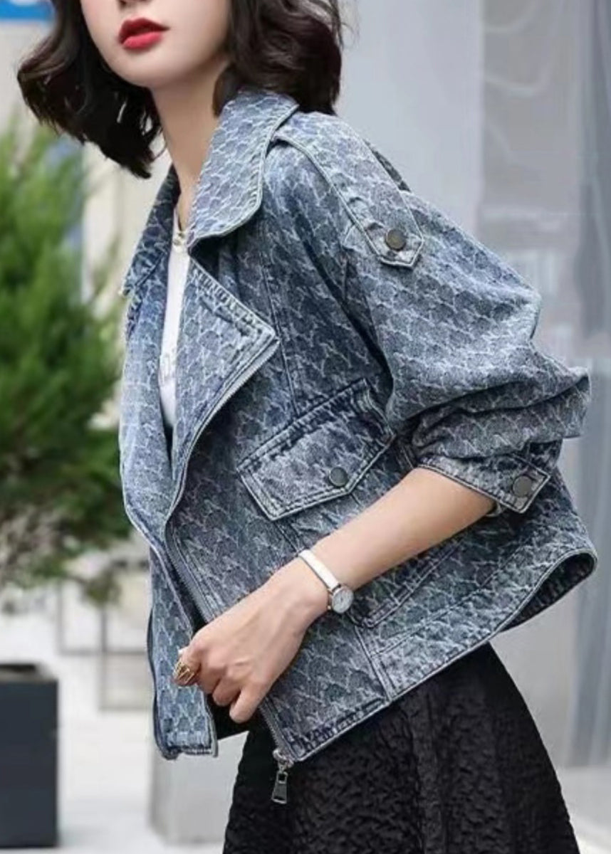 Denim Blue Notched Zippered Plaid Coat Long Sleeve