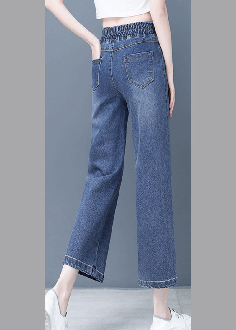 Denim Blue Patchwork Elastic Waist Crop Wide Leg Pants