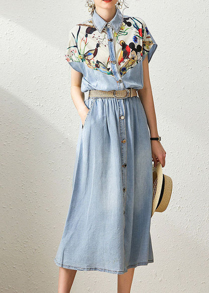 Denim Blue Peter Pan Collar Patchwork Print Cinched Dresses Summer