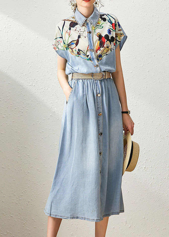 Denim Blue Peter Pan Collar Patchwork Print Cinched Dresses Summer