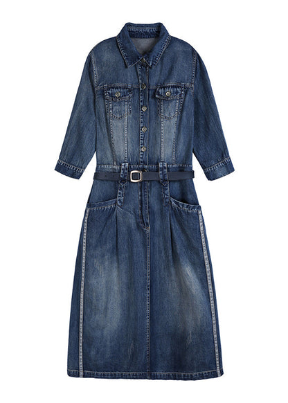 Denim Blue Peter Pan Collar Patchwork Sashes Long Shirts Dresses Fall