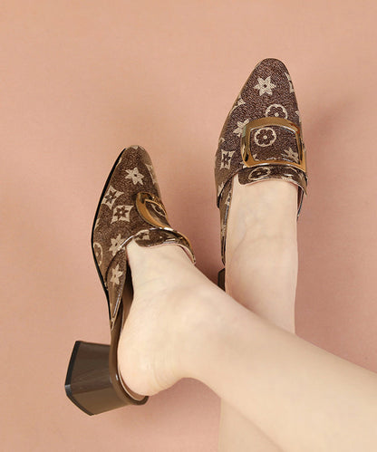 Embossed Chunky Brown Cowhide Leather Slide Sandals