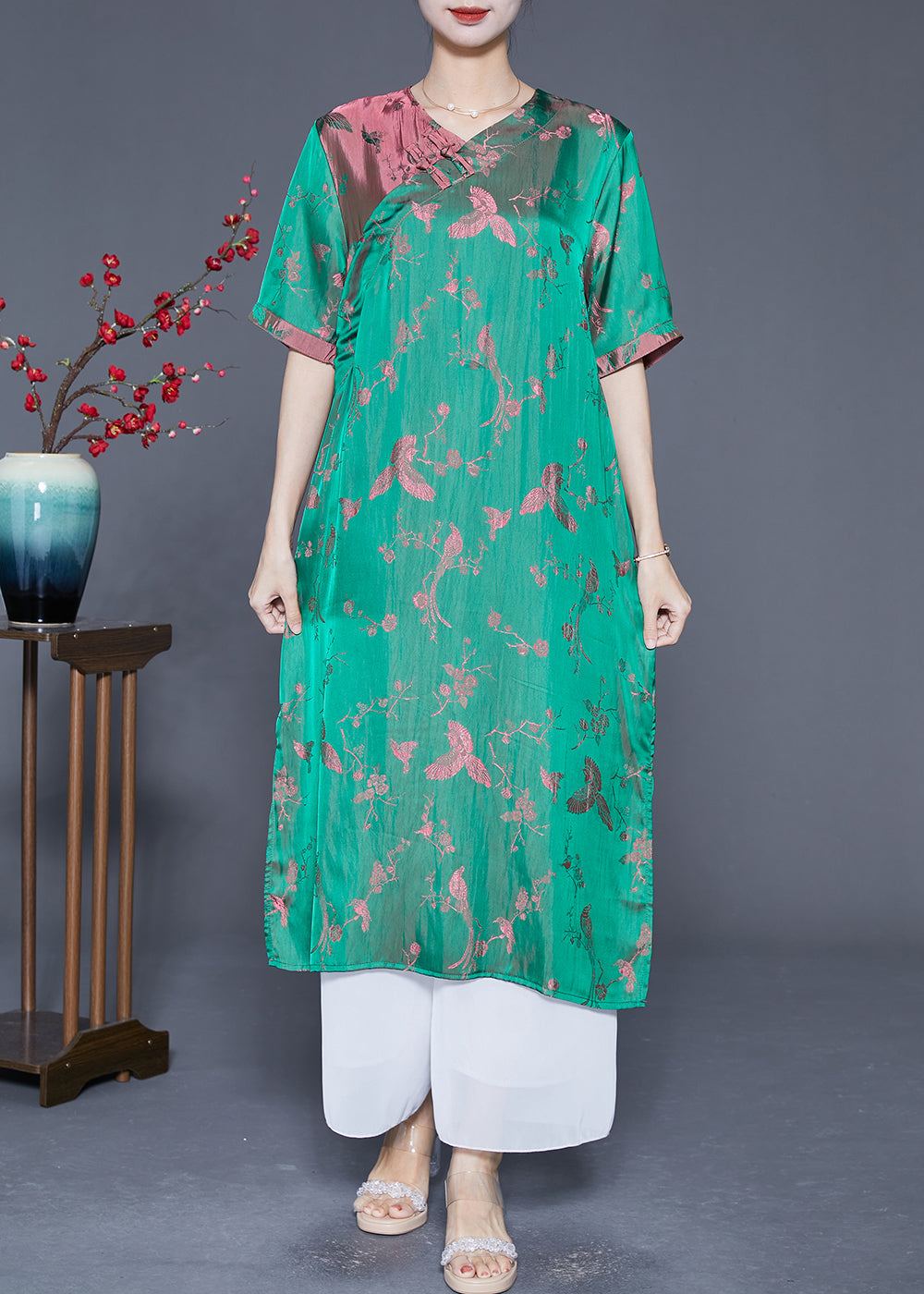 Fluorescent Green Chinese Button Jacquard Silk Dresses Summer
