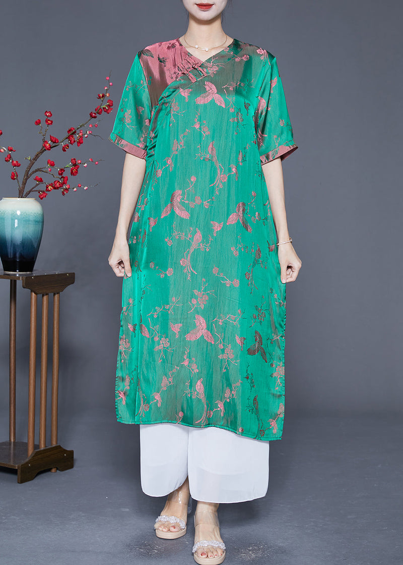 Fluorescent Green Chinese Button Jacquard Silk Dresses Summer