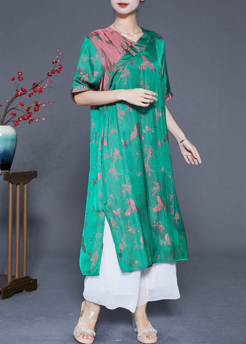 Fluorescent Green Chinese Button Jacquard Silk Dresses Summer