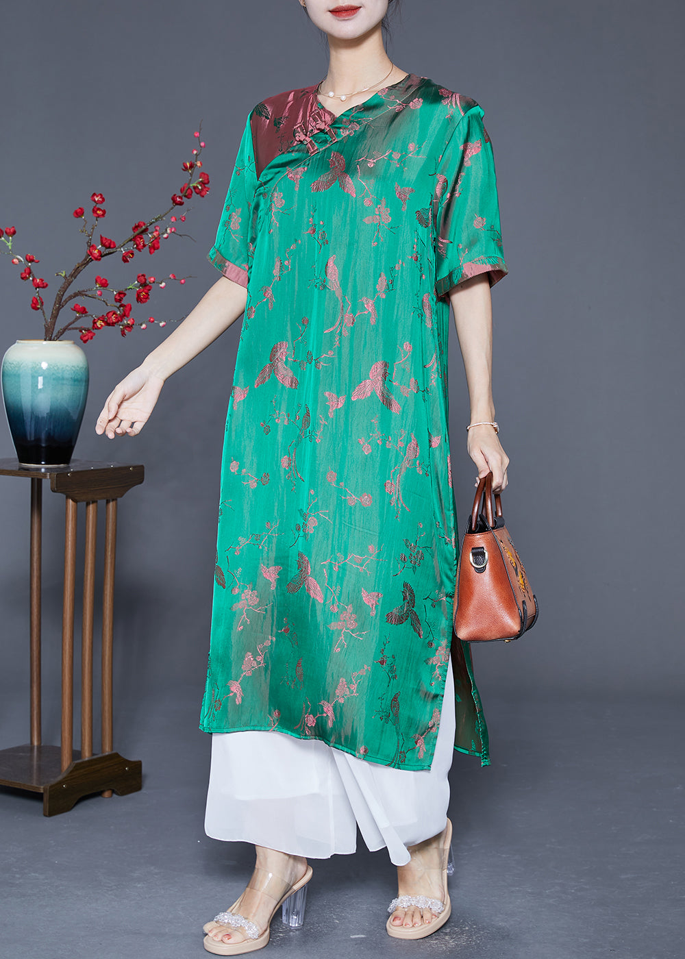 Fluorescent Green Chinese Button Jacquard Silk Dresses Summer