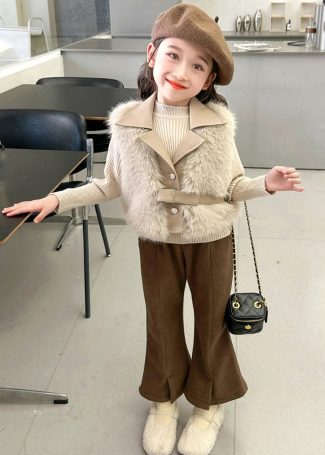Fuzzy Fur Fluffy Waistcoat Top and Crop Pants Two Pieces Set Spring