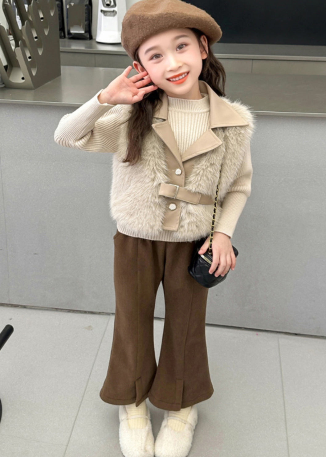 Fuzzy Fur Fluffy Waistcoat Top and Crop Pants Two Pieces Set Spring