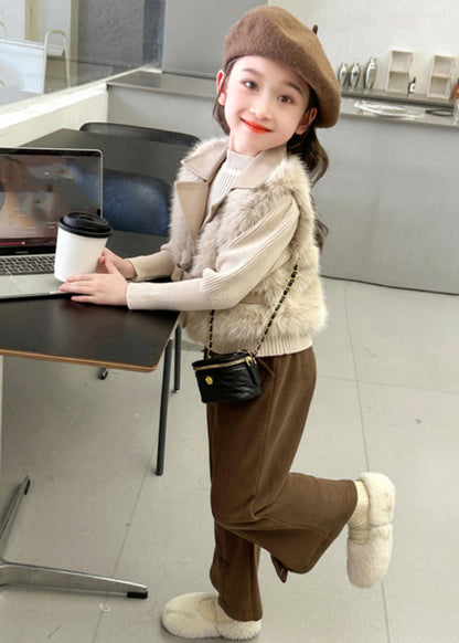 Fuzzy Fur Fluffy Waistcoat Top and Crop Pants Two Pieces Set Spring