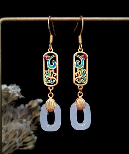 Gold Ancient Gold Jade Enamel Ping Buckle Drop Earrings