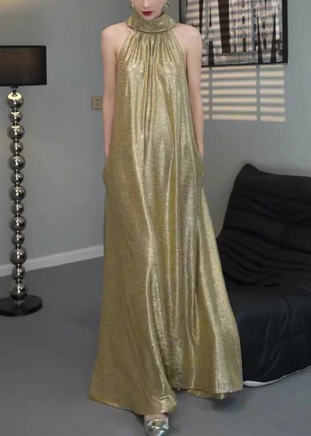 Gold Halter Wrinkled Long Dress Sleeveless
