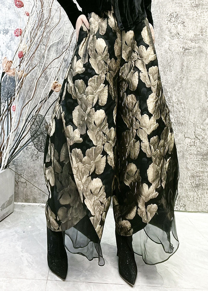 Gold Jacquard High Waist Tulle Wide Leg Pants Spring