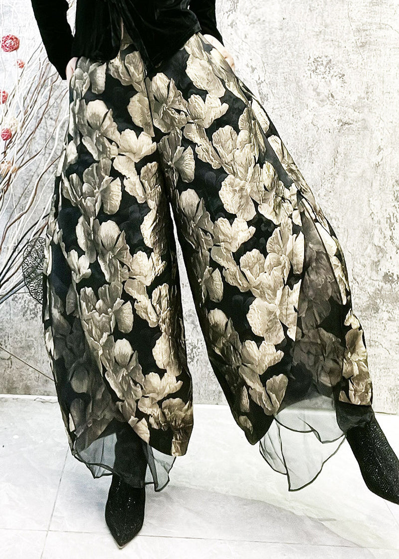 Gold Jacquard High Waist Tulle Wide Leg Pants Spring