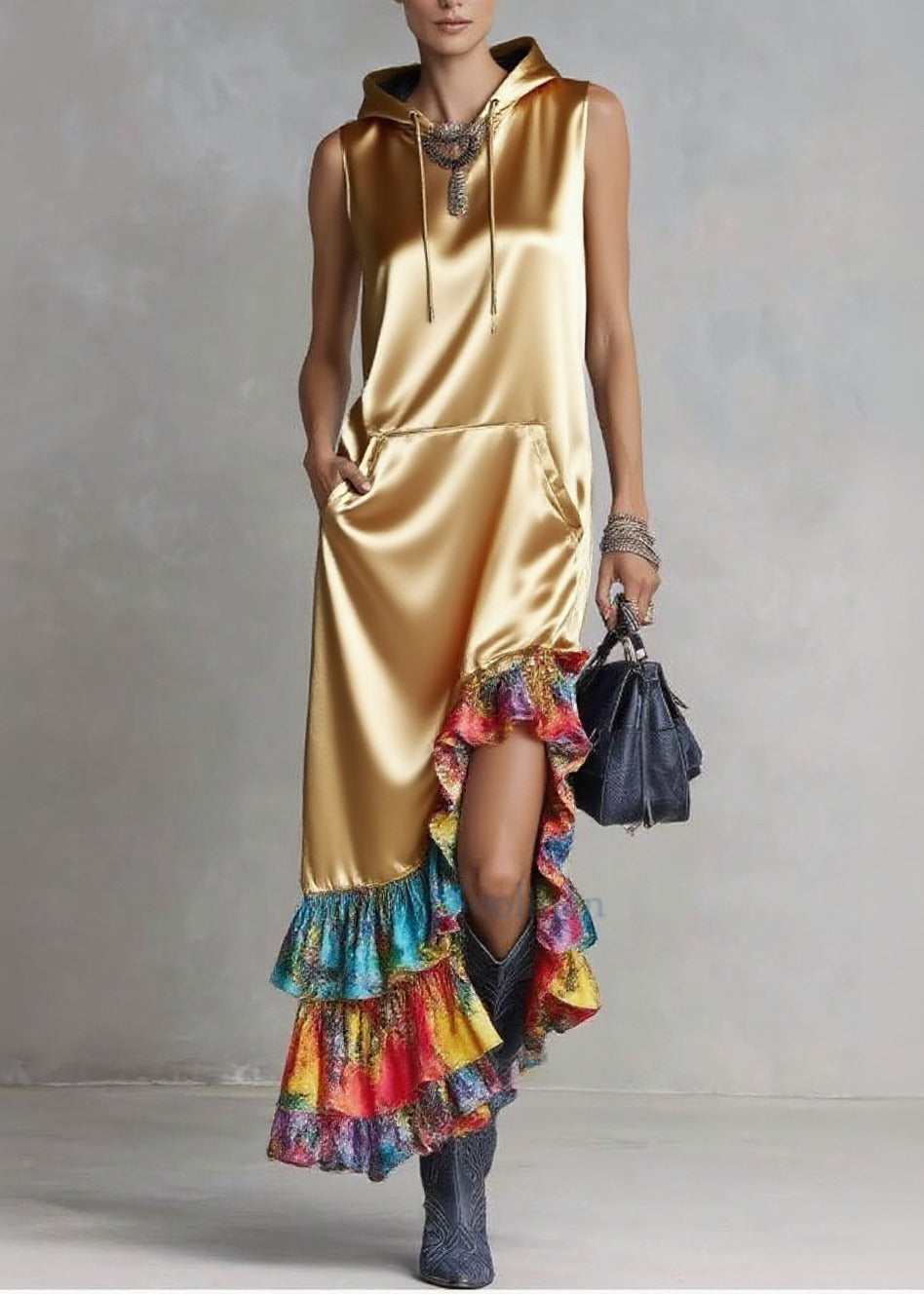 Golden Asymmetrical Patchwork Ruffles Silk Hooded Dresses Sleeveless