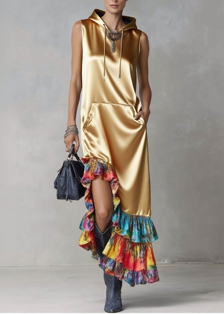 Golden Asymmetrical Patchwork Ruffles Silk Hooded Dresses Sleeveless