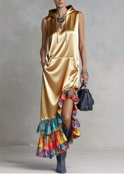 Golden Asymmetrical Patchwork Ruffles Silk Hooded Dresses Sleeveless