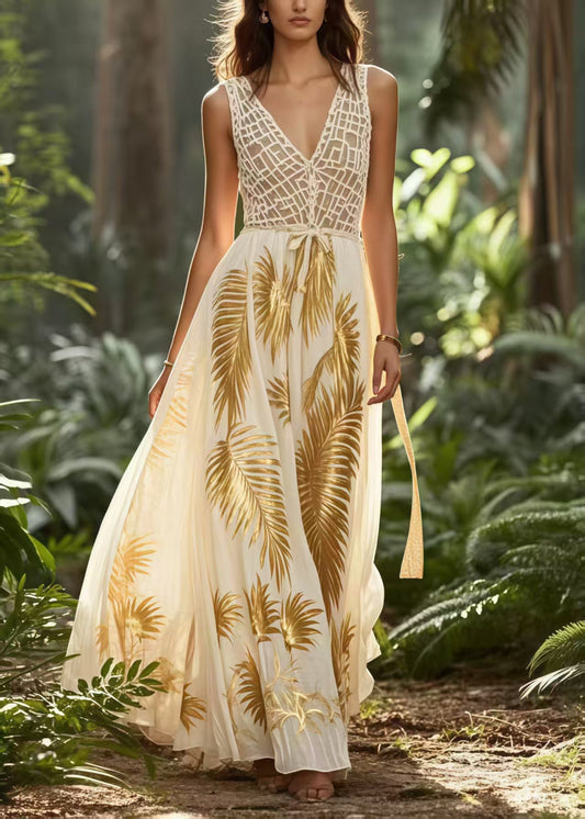 Golden Print Exra Large Hem Chiffon Vestidos Dress Summer