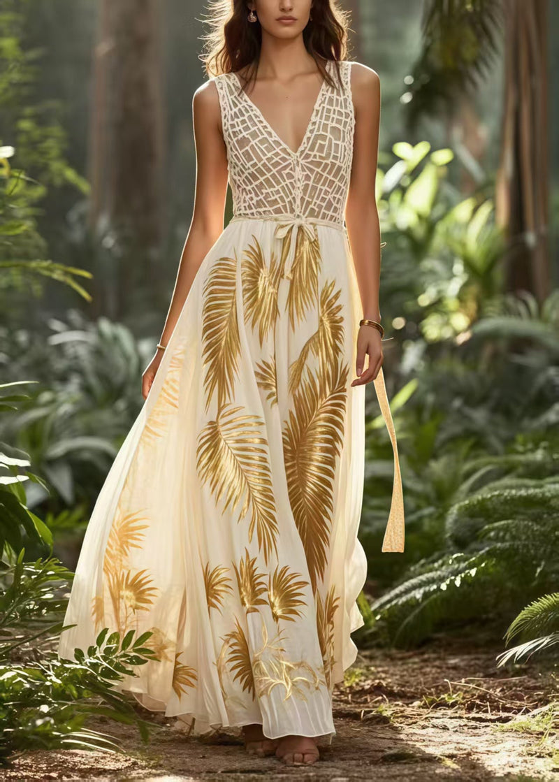 Golden Print Exra Large Hem Chiffon Vestidos Dress Summer