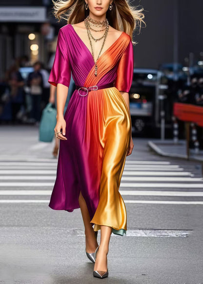 Gradient Color Cinched Tie Dye Silk Dress Summer
