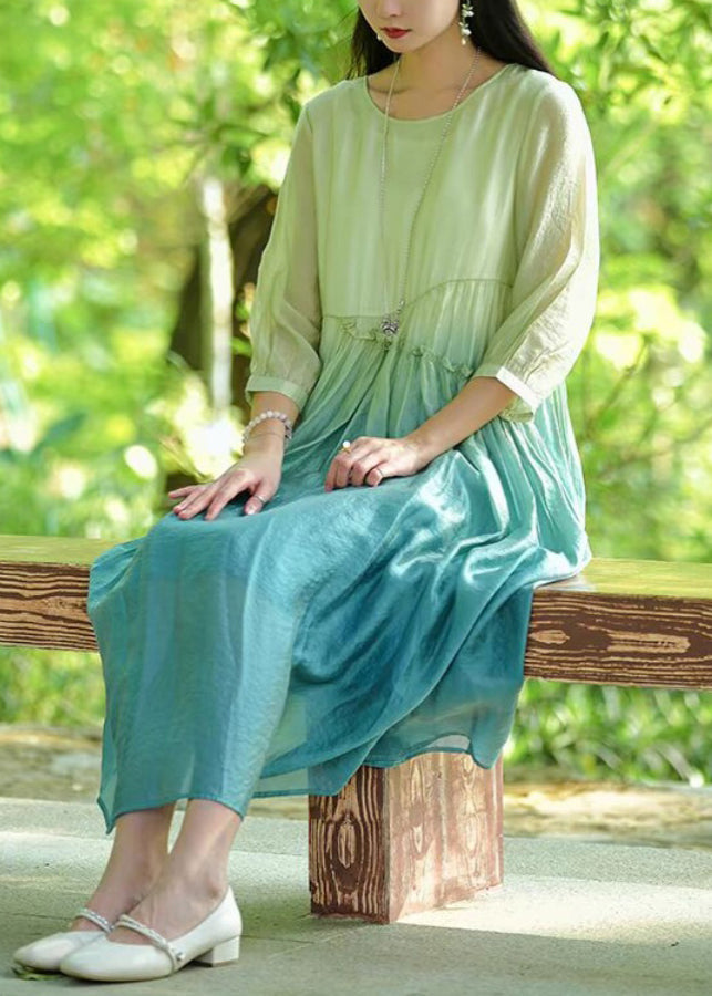 Gradient Color O-neck Ruffled Cotton Long Dresses Bracelet Sleeve