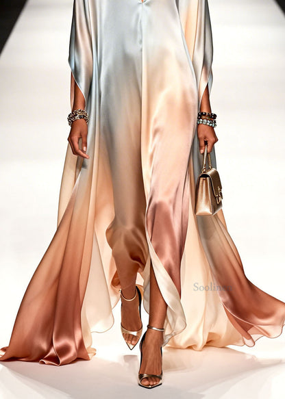 Gradient Color V Neck Chiffon Ankle Dress Summer