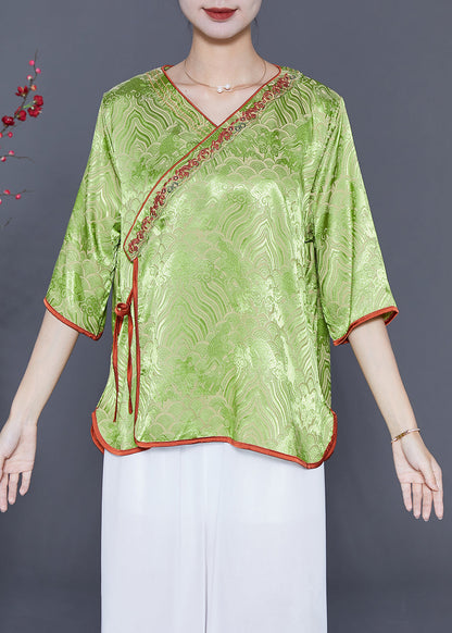 Grass Green Embroideried Lace Up Silk Top Summer
