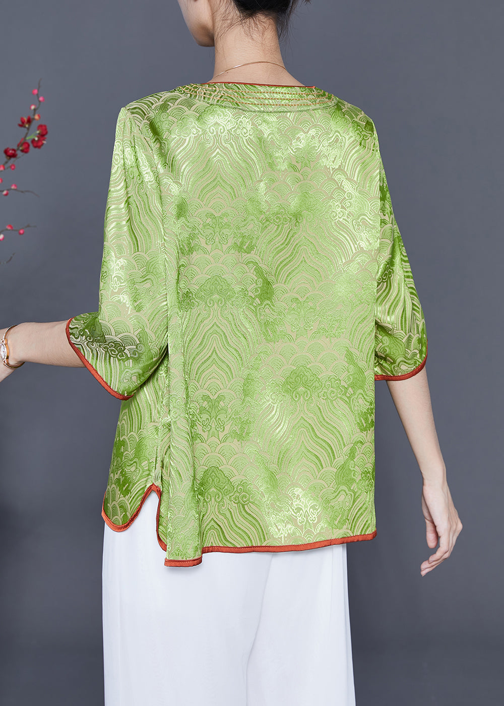 Grass Green Embroideried Lace Up Silk Top Summer