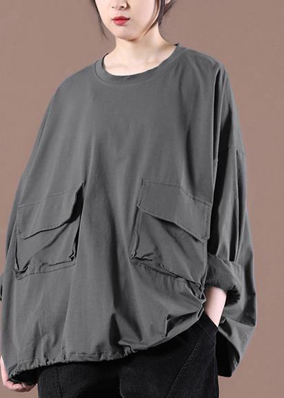 Elegant Gray Cinched Pockets Loose Sweatshirts Top