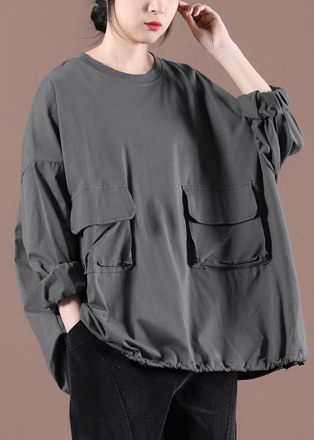 Elegant Gray Cinched Pockets Loose Sweatshirts Top