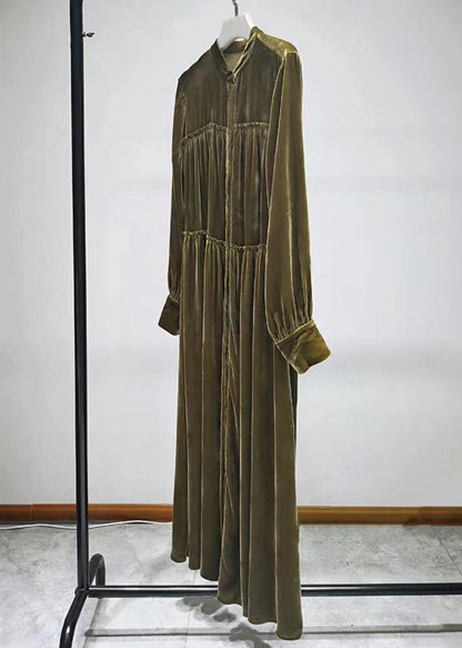 Green Button Ruffled Silk Velour Shirts Long Dresses Fall