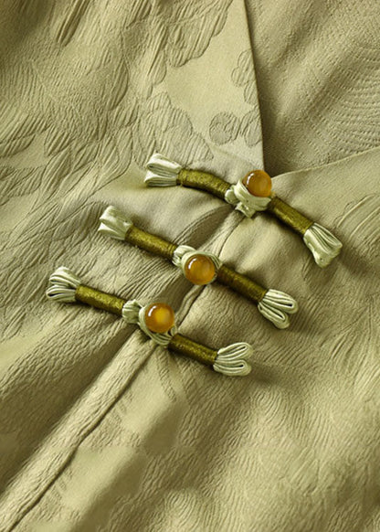 Green Chinese Jacquard Button Patchwork Silk Shirt Bracelet Sleeve