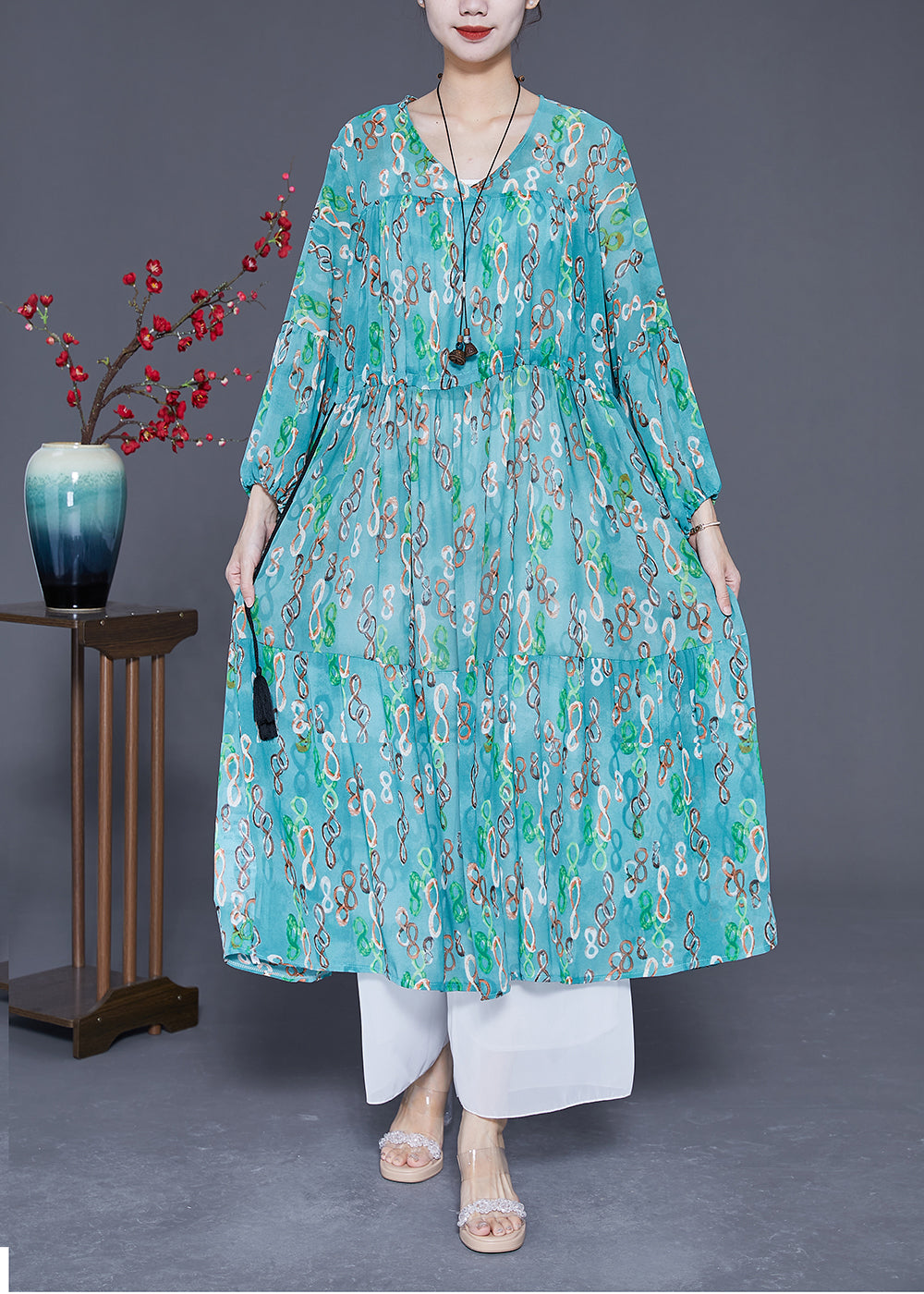 Green Cinched Print Chiffon Long Dresses Summer