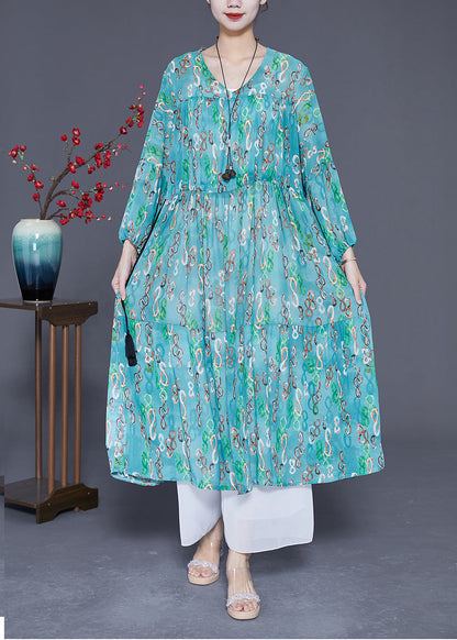 Green Cinched Print Chiffon Long Dresses Summer
