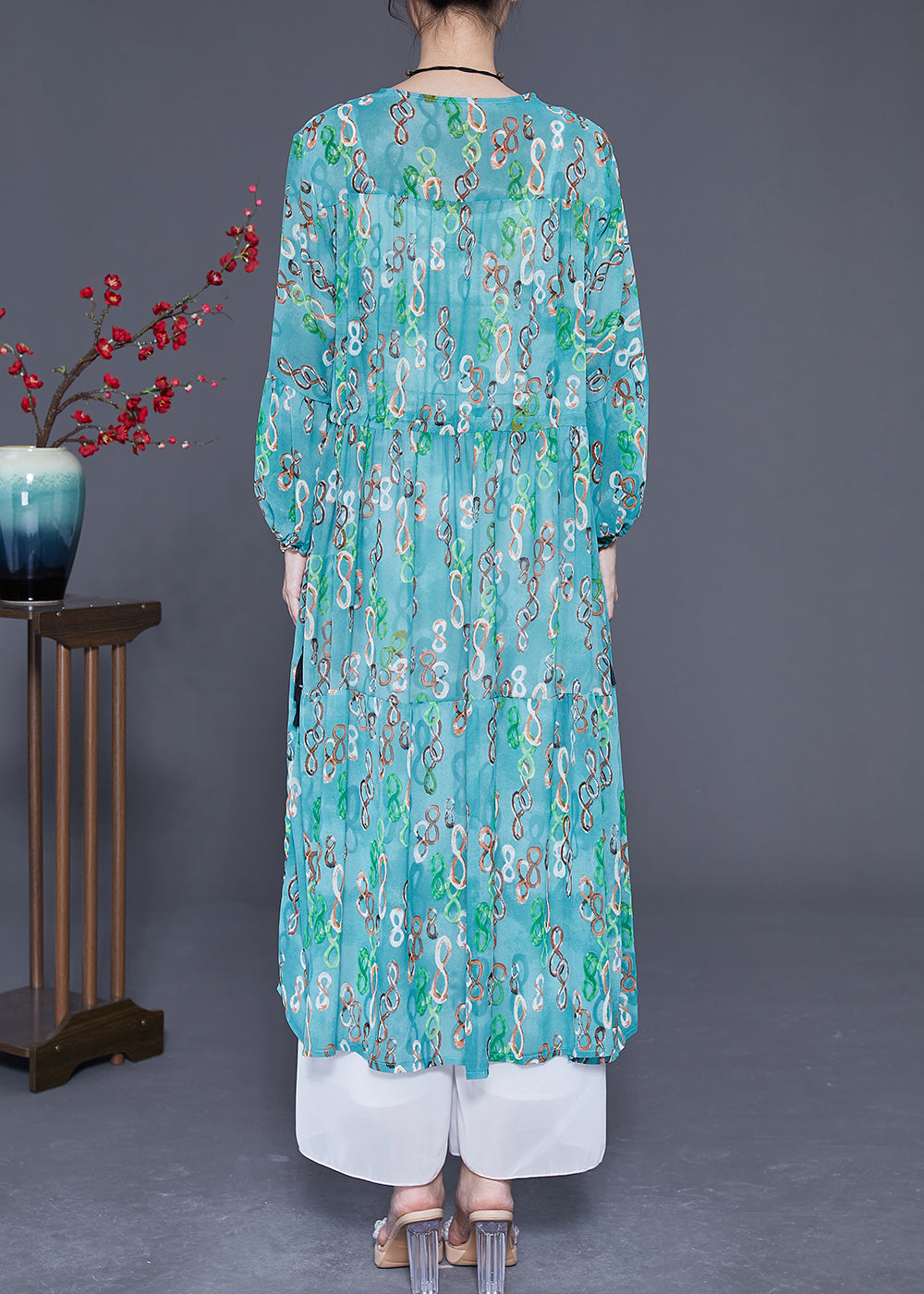 Green Cinched Print Chiffon Long Dresses Summer