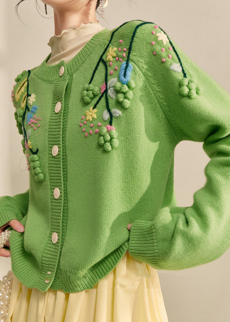 Green Embroidered Button Cotton Knit Cardigans Spring