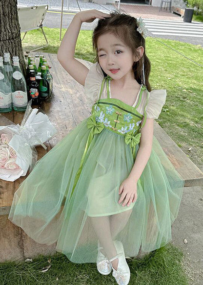 Green Embroideried Patchwork Bow Tulle Kids Long Dress Short Sleeve