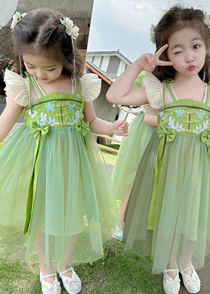 Green Embroideried Patchwork Bow Tulle Kids Long Dress Short Sleeve